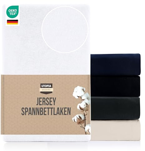 Utopia Bedding Jersey Spannbettlaken, Weiß, 200 x 200 cm – 25 cm, Bettlaken Baumwollmischung, Oeko-Tex Zertifiziertes, Zuschnitte für Dicke Matratzen
