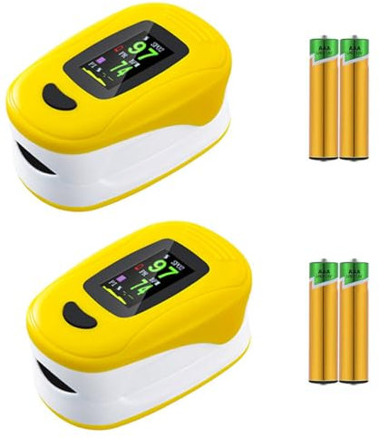 Pulsoximeter，Sauerstoffsättigung Messgerät Finger，Pulsmesser Oximeter für Kinder & Erwachsene，Messung der Sauerstoffsättigung (SpO2)， OLED-Display，Geeignet für den Heimgebrauch (Gelb, 2 Pack)