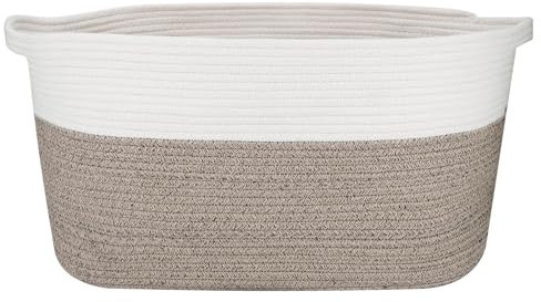 65L Extra Large Storage Cotton Rope Blanket Basket, Durable Woven Storage Hamper for Laundry Living Room Bedrooms, Rectangle Large Basket for Shoe Toy Towel, White & Khaki, 57 x 38 x 30cm