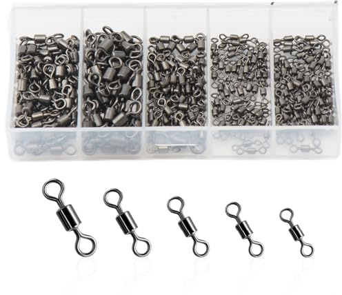 Qwrqwr 250PCS Rolling Fishing Swivels with Solid Rings and Clips Fish Hook Accessories Link to Barrel Connectors Safety Snaps for Sea Competitive Line Entanglement Prevention