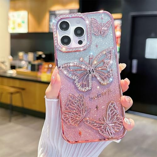 Rokmym Fodral kompatibelt med iPhone 12 söt 3D fjäril mobiltelefonfodral bling diamant glitter kamera skydd mjuk TPU stötfångare stötsäkert fodral skyddsfodral för iPhone 12, roséguld