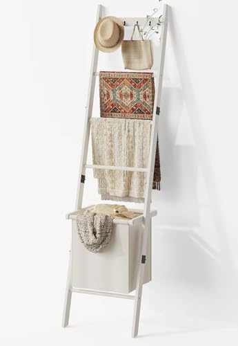 BAMBANG Blanket Ladder with Basket, 5- Tier Blanket Quilt Holder Towel Rack with 4 Hooks for Living Room, Wall Leaning Decorative Ladder Shelf with Storage Hamper, Bamboo White