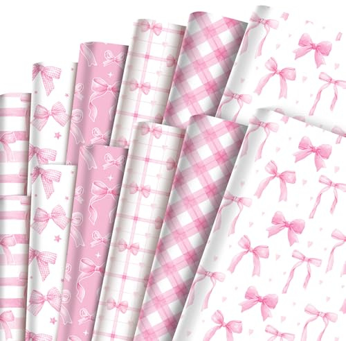 Lot de 12 rouleaux de papier cadeau d'anniversaire avec joli nœud rose pour la fête des mères, la Saint-Valentin, Pâques, une fête prénatale, une fête (blanc/rose)