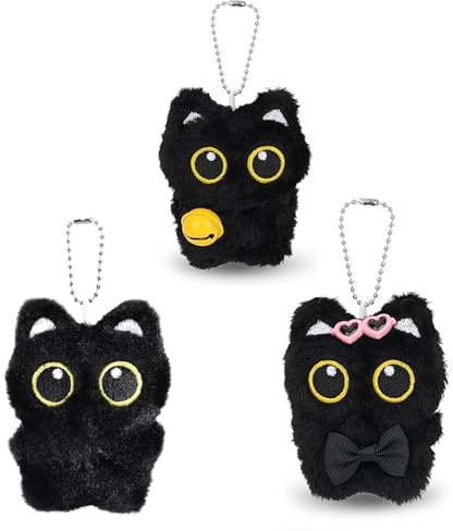 BDBFPAN 3 Pezzi Portachiavi Gatto Peluche,Simpatici Gatti Neri Pendenti Carino Peluche Animale Portachiavi Per Borse, Zaini E Portafogli