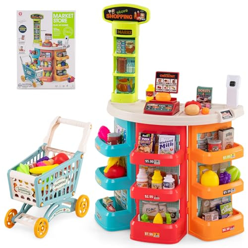 COSTWAY Kids Supermarket Playset, 76 PCS Pretend Play Grocery Store with Shopping Cart, Light, Sound, Play Food Accessories, Toddler Play Shop for 3+ Years Old (Multicolor)