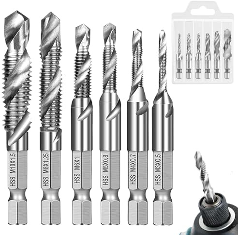 6 pezzi Punte Trapano Maschi Countersink Tap Kit, M3 M4 M5 M6 M8 M10 Maschio per Filettare con Attacco Esagonale, Maschiatura Combinati con Rivestimento Antiruggine, per Plastica, Metallo, Legno