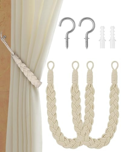 FUGLUS Fermatende, confezione da 2 cordini per tende, fermatende intrecciati a mano, adatti per casa, ufficio, soggiorno, camera da letto - bianco sporco