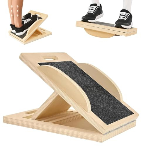 Tavola Inclinata in Legno per Stretching Polpacci, Balance Board 2 in 1 con Maniglia, Inclinazione Regolabile per Gambe, Caviglie e Fianchi, per Principianti e Professionisti