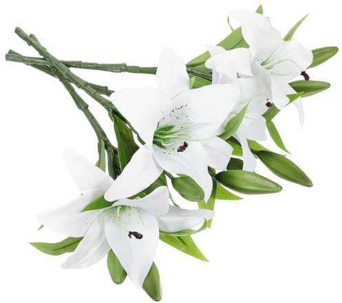 DEARMAMY Bouquet di Gigli Artificiali Bianchi 4 Pezzi Set Fiori Finti in PVC Resistenti e Realistici Decorazione per Matrimoni Banchetti e Ambienti Domestici