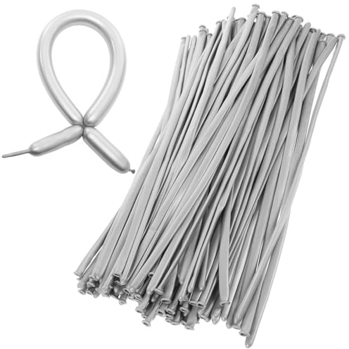 Veemoon Globos Largos Metalizados de Látex 1,8 G Color Plata, 100 Unidades para Decoración de Fiestas, Modelado de Globos para Cumpleaños, Bodas y Eventos Festivos