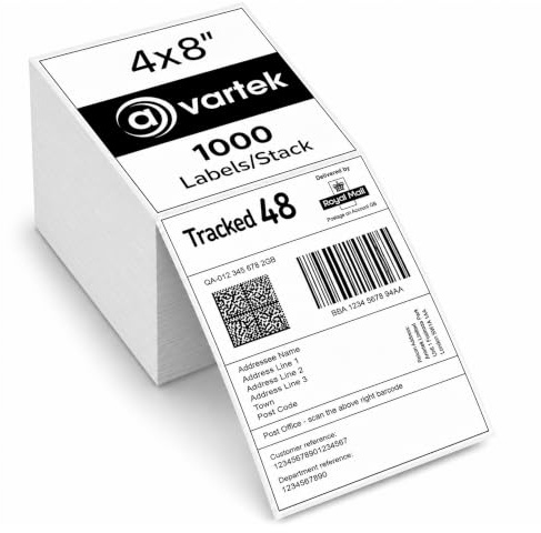 4x8 Direct Thermal Shipping Labels 1000 Labels (100 x 200mm) Fanfold Permanent Self Adhesive Barcode Labels Compatible with Zebra, Royal Mail, Amazon, DPD, UPS, DHL, Shopify, FedEx & Thermal Printers