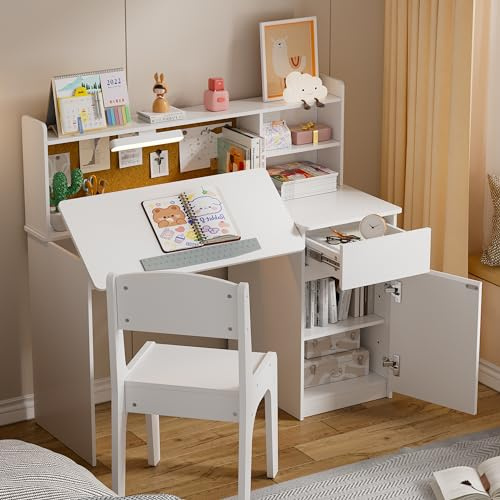 Treesunshine Kid Study Desk and Chair Set with LED Lamp & Tilting Tabletop | Wooden Study Table with Hutch, Slanted Top 0-40°, Tricolour Light, Storage Shelves, Drawer, for Studying, Reading, Drawing