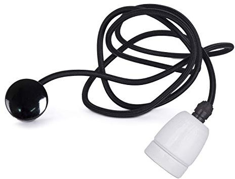 1.8m Textilkabel Pendellampe SCHWARZ | Textilkabel mit Fassung & Schuko-Stecker | E27 Porzellan, Zugentlastung: Bronze Antik