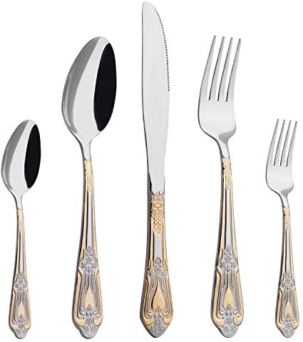 Silverware Set Limited Edition – 20 Piece Flatware Set – Cutlery Set for 4 – Silver Tableware Set w/Gold Accents – Great for Family Gatherings & Daily Use – Spoons, Knives, Teaspoons, Forks(Medallion)