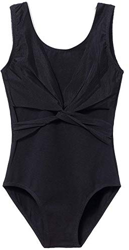 MdnMd Girls Gymnastic Ballet Dance Leotard Tank Mesh Cross Front (Black, Age 10-12)
