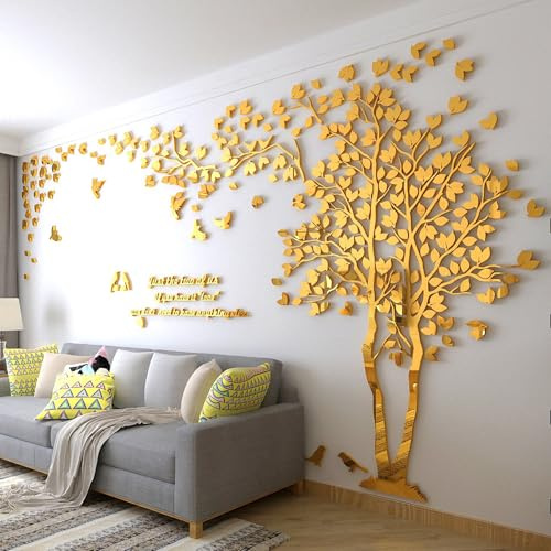 Wandtattoo Baum 3D DIY Wall Stickers Wandaufkleber Wandtattoo Wohnzimmer Schlafzimmer Family Wandsticker für Treppen Halle (Gold Rechts,L-300 * 150cm)