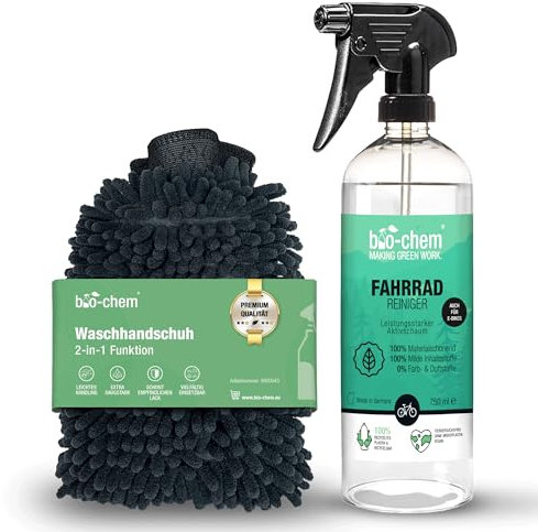 bio-chem Fahrradreiniger Spray - 750 ml + Fahrradbürste und Mikrofasertuch - materialschonendes Premium Reinigungsmittel fürs Fahrrad - Geeignet für alle Fahrradtypen