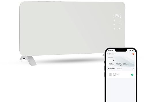 FlinQ Smart Electric Heater 2000w - Stufa a convettore con design in vetro montata a parete e a pavimento con timer - Controllo vocale e App via Wifi e 4G/5G - Compatibile con Google Assistant e Alexa