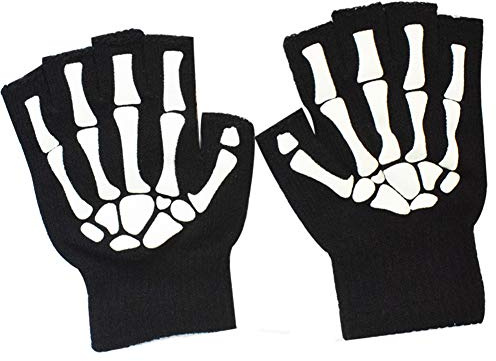 MELOP Unisex Halbfingerhandschuhe Skelettmuster Glow in The Dark Halloween Totenkopf Knochen Gemusterte Strickhandschuhe