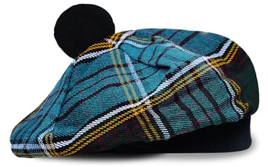 Skotsk Tam o' Shanter-hatt, traditionell skotskrutig mössa med pompom, platt akrylkeps, en storlek passar de flesta, one size