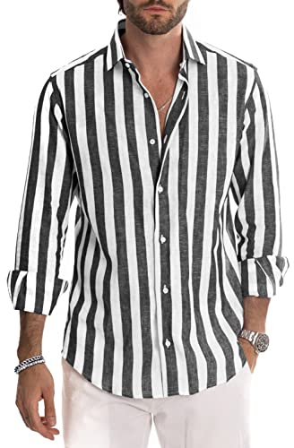 Meilicloth Men's Shirts Long Sleeve Striped Casual Shirt Button Down Regular Fit Tops, Long Lasting Comfort Top for Men Black White