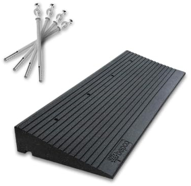 bepco RP 100 10 S4 Premium – trottoarkantsramp av gummifibrer – uppkörningsramp – dörrtröskelramp med infällda brickor att skruva på + monteringssats, Svart, 10 cm