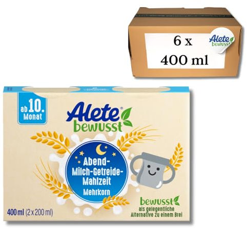 Alete bewusst Abend-Milch-Getreide-Mahlzeit Mehrkorn, ab dem 10. Monat, trinkfertige Babynahrung mit Vollkornhafer, Ersatz zu Babybrei, warm oder kalt trinken, 6 x 400 ml (2 x 200 ml)