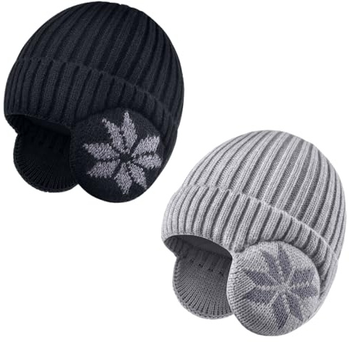 ZEXIAN 2 Pack Kids Beanie Winter Hat for 3-10 Years Cute Warm Fleece Lined with Ear Flaps for Boys and Girls (Black +Light Grey)