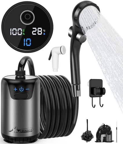 WADEO Tragbare Campingdusche Akku, Upgraded Outdoor-Dusche mit Pumpe und Temperaturanzeige, 10-Gang-Schaltung, 8000-mAh-Akku für 3 Stunden Laufzeit, Mobile Duschen Set für Camping Wandern Garten