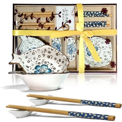 Finsink Vajilla de sushi para 2 personas, 6 piezas, de cerámica, juego de platos de sushi, azul y blanco, en caja de regalo de como regalo para amigos