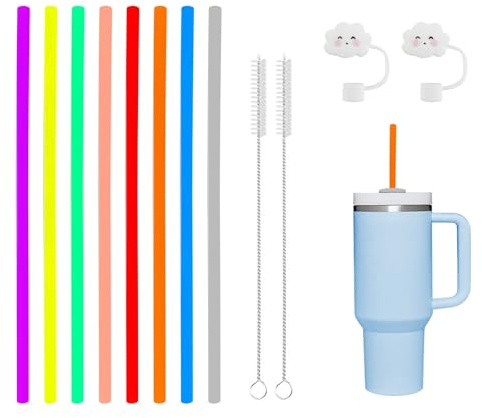 8 Cannucce Riutilizzabili Colorate in Silicone Ecologico, con 2 Spazzola2 Tappi per Cannuccia, Bambini, Lunghe Cocktail, Latte, Succhi, Yogurt, Latte, Frullato, Caffè Freddo