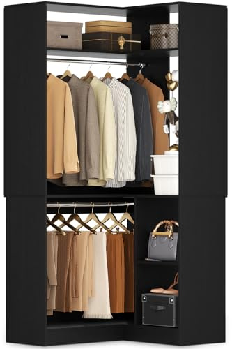 Aheaplus Corner Closet System with Shelves, Closet Organizer System with Hanging Rods, Wood Walk-in Closets for Corner Small Space, L Shaped Garment Rack, -B3, Black