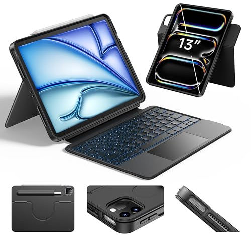 HOU 360° Drehbare Abnehmbare Hülle mit Tastatur für iPad Air 13 M4/M3/M2, iPad Pro 13 M5/M4 & Pro 12.9,155° Verstellbarer Ständer, Trackpad, 7-Farb-Beleuchtung, Stiftetui für Pencil, QWERTZ