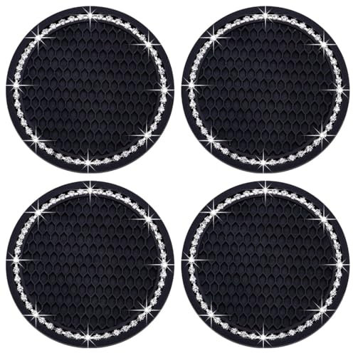 JEYORZY 4 Pièces sous Verres Voiture Universel Anti Dérapant Silicone, Porte Gobelet en PVC, PVC Épais Coaster Voiture, Universels Tapis pour Gobelets Automobiles, Dessous De Verre Antidérapant(Noir)