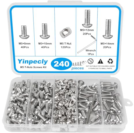 Yinpecly 240Pcs 2020 Aluminum Extrusion Hardware Accessories, M5 T-Nuts Screws Kit, Hammer Head T-Slot Nut for 2020 Series European Standard Aluminum Profile, Silver