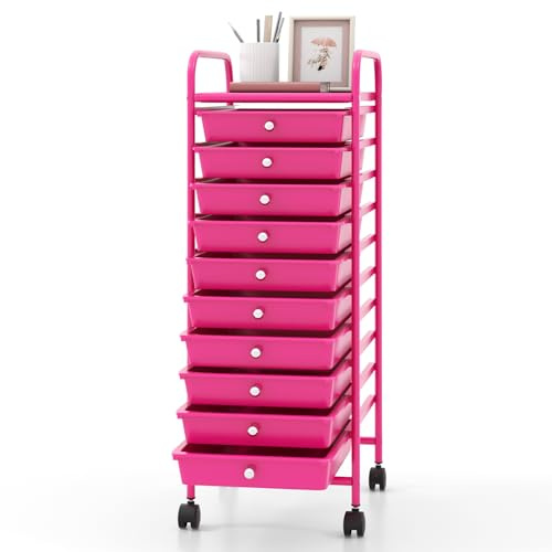 GIANTEX Rollwagen mit 10 stapelbaren Schubladen, Schubladenwagen Badrollwagen Küchenwagen mit feststellbaren Rollen, Aufbewahrungswagen Haushaltswagen Metallgestell für Küche Büro (Rosa)