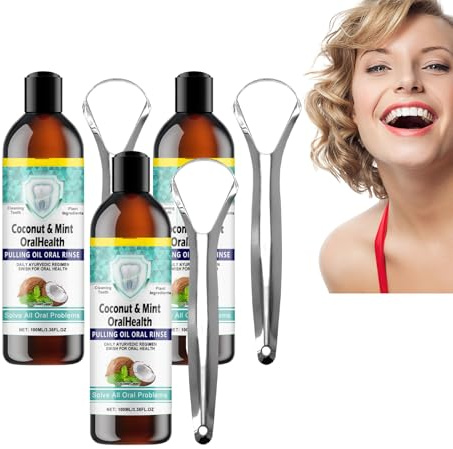 Collutorio Coconut Oil Pulling - Collutorio Coconut Oil Pulling per l'igiene orale - Risciacquo naturale per combattere la placca e l'alito cattivo - con raschietto per la lingua, 100ml (3 bottiglie)