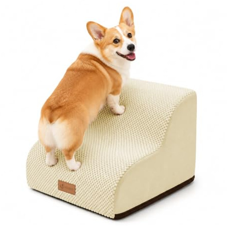 vounot® Escalier pour Chien et Chat à 2 Marches en Mousse Haute Densité Antidérapante Déhoussable Lavable Rampe pour Chien Accès Canapé Lit pour Animaux Âgés ou Blessés avec Poignée Beige