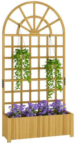 Outsunny Jardinière avec Treillis, bac à Fleurs, lit surélevé avec Trous de Drainage, pour Plantes grimpantes, légumes, Bois Massif, intérieur et extérieur, 90 x 30 x 180 cm, Effet Bois Naturel