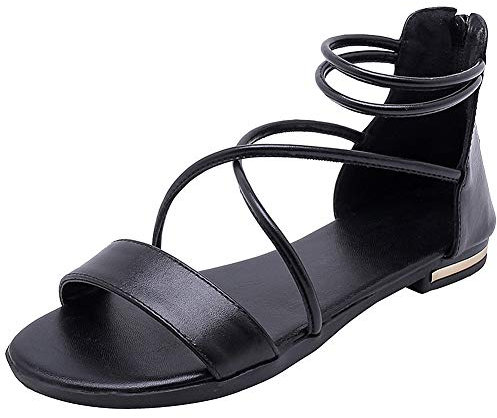 amropi Damen Kreuzband Sommer Offene Zehe Knöchelriemen Flache Sandalen (Schwarz,40 EU)