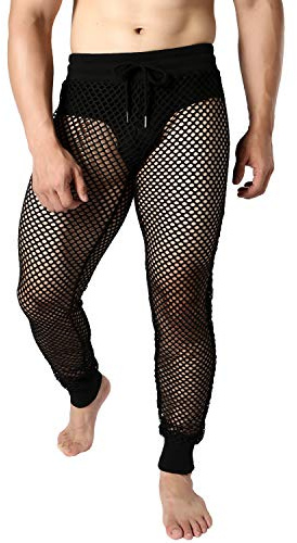 JOGAL Men's Mesh Fishnet See Through Pants Stretchy Muscle Leggings Small Black