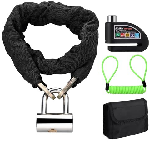 EYPINS Antivol Moto Kit Bloque-Disque Alarme Moto + l'Antivol à Chaîne 10mm Cadenas Gaine, 110dB Sirène d'Alarme 10 Secondes Etanche IP06 pour Frein à Disque ≤ 7 mm Moto Vélo Scooter Trottinette