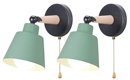iDEGU Set of 2 Retro Vintage Wall Sconces E27 Industrial Ceiling Light Wood and Metal Adjustable Interior Wall Lamp with Switch Modern for Bedroom Entrance Living Room (Green)