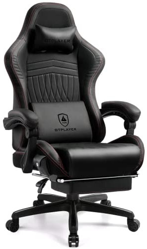 GTPLAYER Gaming Stuhl, Gaming Sessel Schreibtischstuhl PC Gamer Racing Stuhl mit Fußstütze Lautsprecher Musik Bürostuhl bis 151 kg belastbar, Standard Size, Schwarz-rot