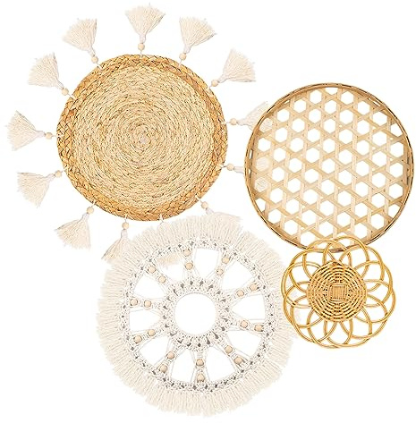 Boho Wall Basket Decor Set of 4 - Flat Woven Basket Wall Hanging Decor,Round Tassels White Macrame Tapestry Wall Decor Art,Handmade Rattan Wicker Seagrass Home Wall Baskets Decor(Wooden Beads Style)