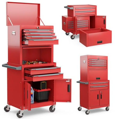 TANGZON Tool Cabinet, 2/3 in 1 Auto-Lockable Rolling Metal Tool Chest with 6 Drawers & Univeral Wheels, Heavy Duty Tool Box Organizer Cart Trolley (3 in 1, Red)