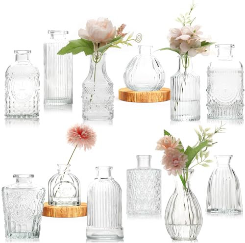 Avmvnvc Lot de 12 Vases en Verre, Petit Vase en Verre Vintage Mini Vase Deko Set Différentes Tailles Vase de Fleurs pour Décorations de Mariage Transparent, Centre de Table
