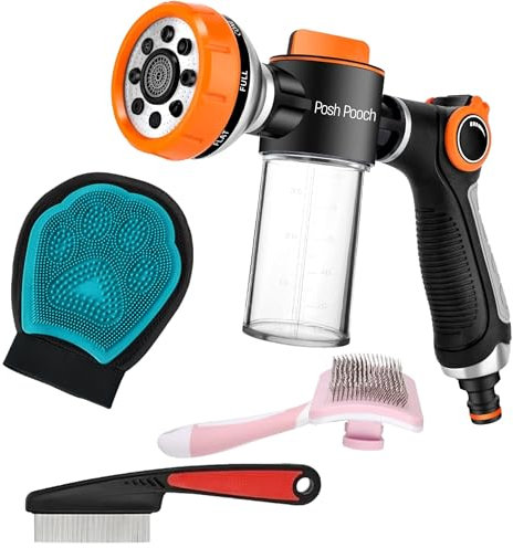 8 in 1 Garden Hose Nozzle Pet Sprayer Kit, Upgraded Pup Jet Dog Wash with 100ml Soap Dispenser Bottle and Dog Shower Mitt, Comb & Brush, Ideal for Watering Flowers, Car Washing, Dog and Horse Bathing