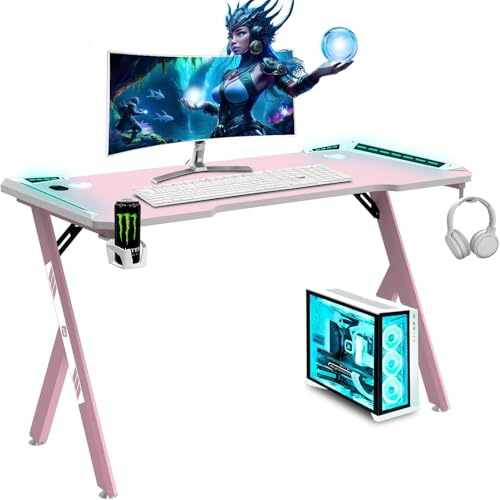 NK Bureau Gaming LED Ergonomique (120X60cm) - Porte-gobelets et Bouteilles, Support pour Casque, Gestion des Câbles, Bureau de Jeu, Plateau 1.5cm (Résistance) Poids Maximum Supporté 100kg - Rose