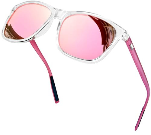 KANASTAL Größe Sonnenbrille Herren und Damen Retro Polarisiert Sonnenbrille UV400 Schutz für Reise Wandern Angeln Alltag, Transparent Rahmen Verspiegelt Rosa Gläser Rosa Bügel